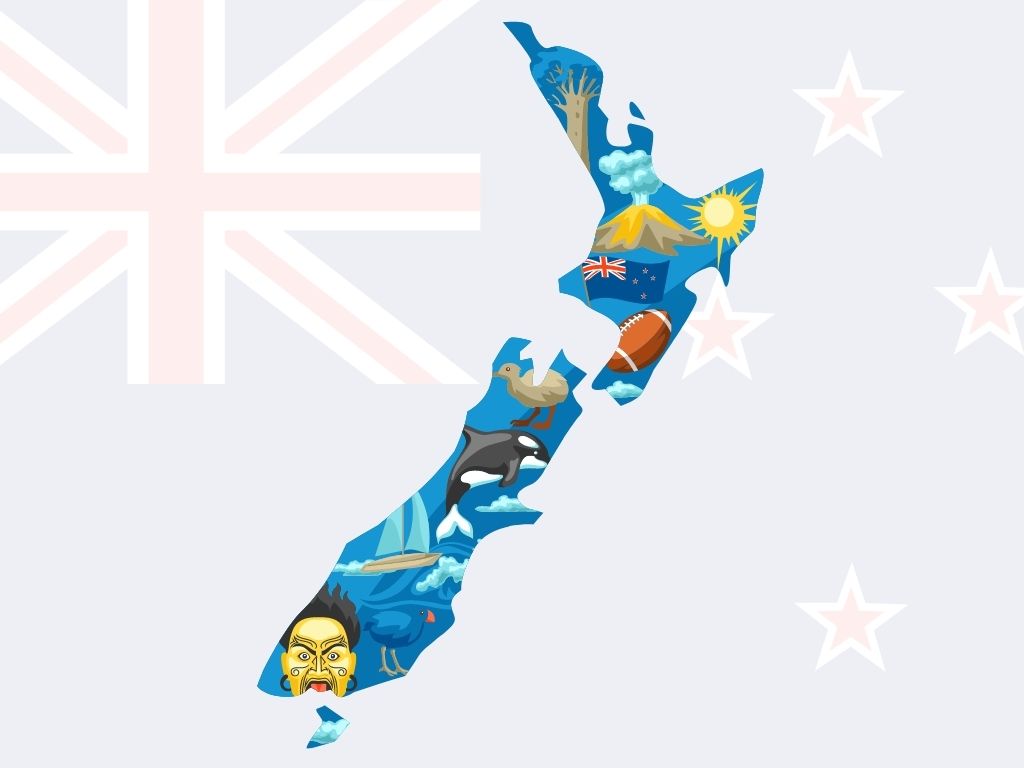 A drawn map of New Zealand with the flag in the background