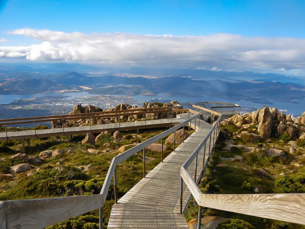 The view on the summit of Mount Wellington with wooden pathways