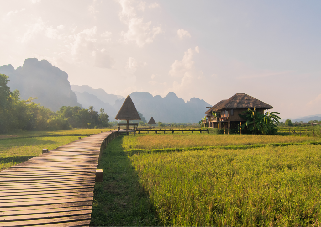 Wooden pathway over fields in Laos