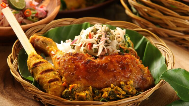 The local food served on a banana leaf