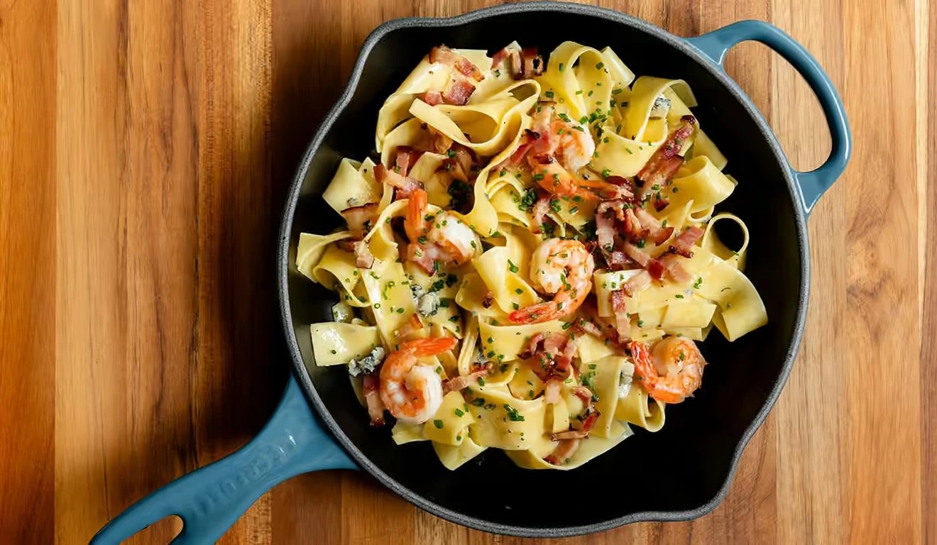 Tagliatelle de camarão com bacon