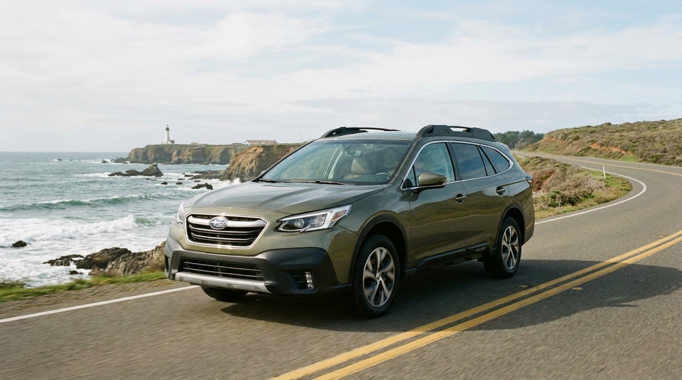 Midsize SUV parked on a coastal road showing front and side profile