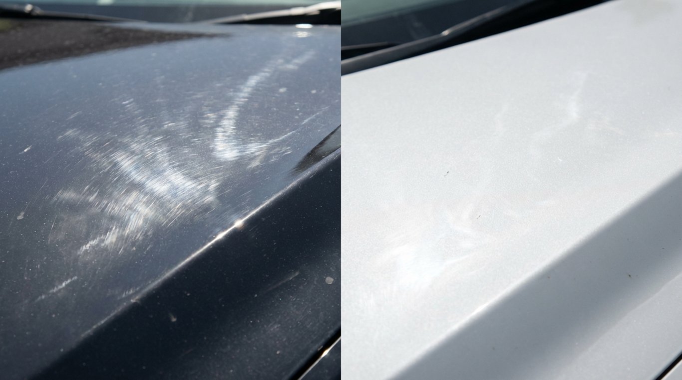 Close-up view of two car panels showing a dark and a light paint colour under sunlight