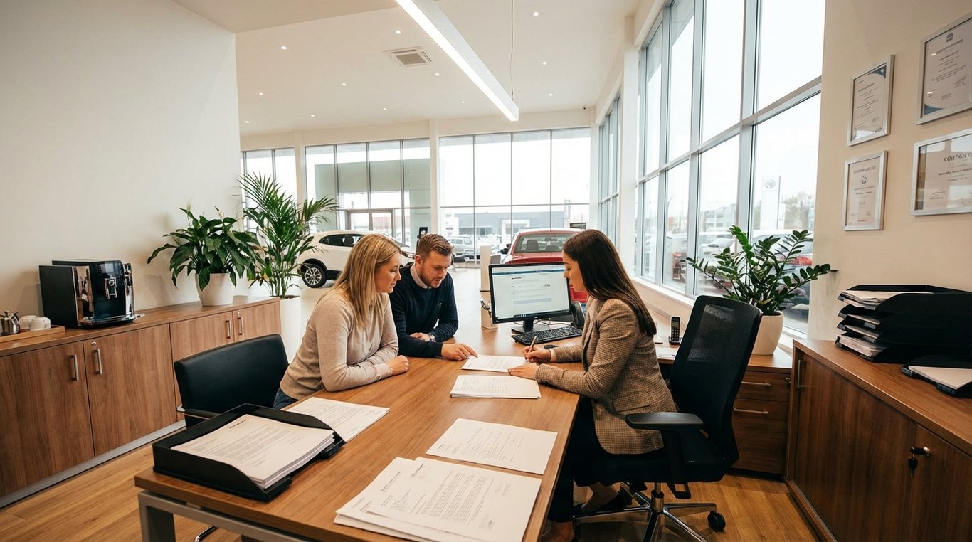 Dealer finance office with salesperson and buyer at a desk with car brochures and contract papers