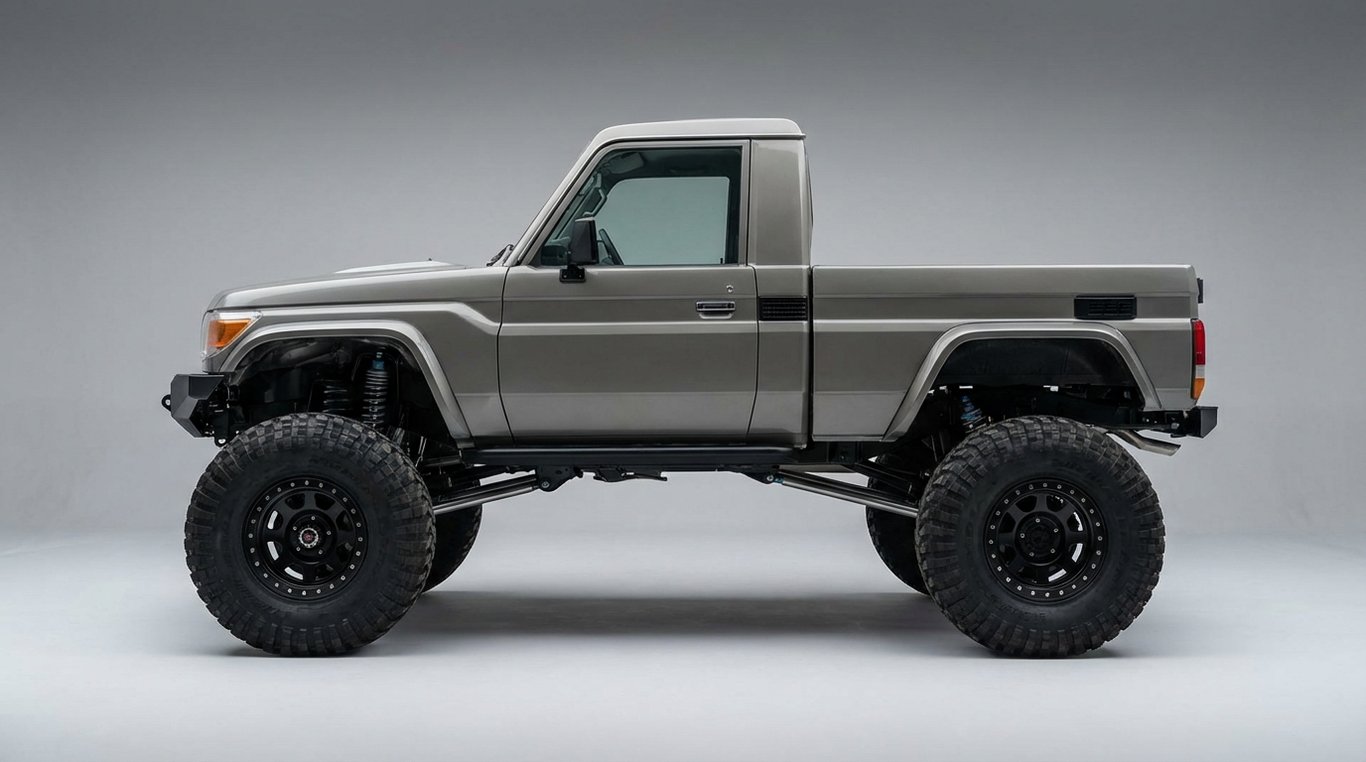 Lifted four-wheel-drive vehicle with larger tyres and visible suspension gap