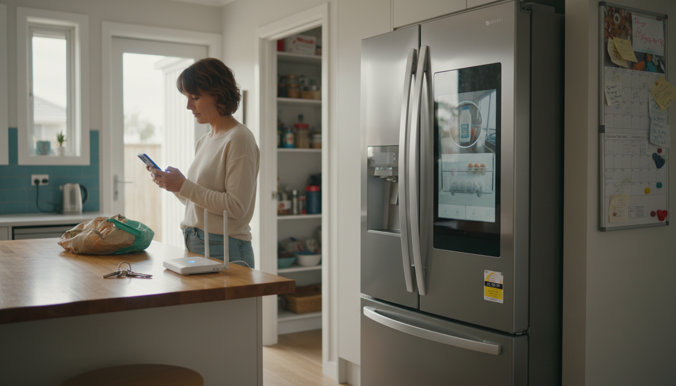 Modern kitchen with a French-door smart fridge showing an internal camera feed, a person checking a phone app, and a Wi‑Fi router on the bench.