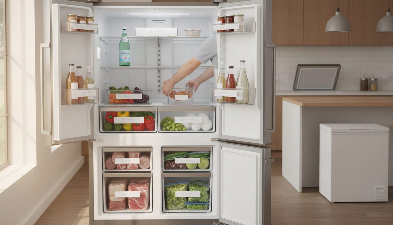 Open modern fridge showing divided fresh shelves, a convertible drawer and organised bottom freezer; person placing food while a small chest freezer sits in the background.