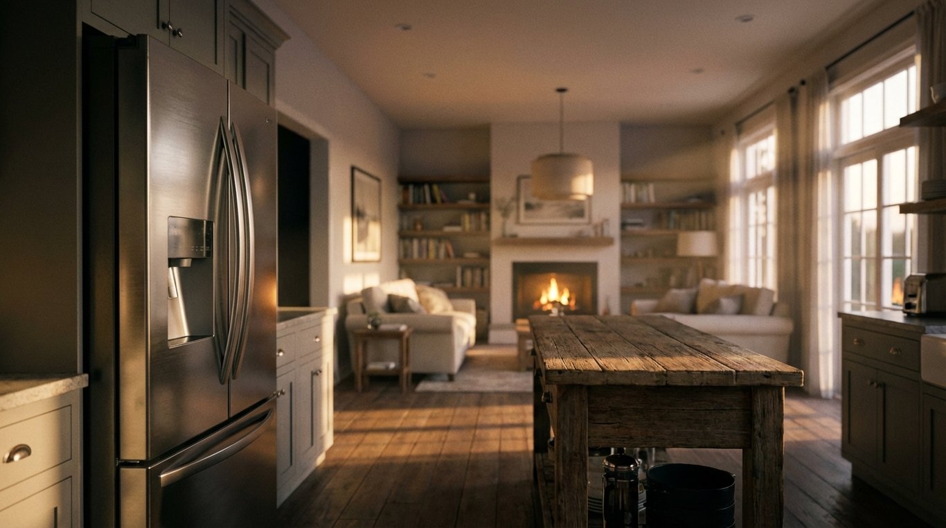 Open-plan kitchen and living area with a freestanding fridge visible at the edge of the kitchen