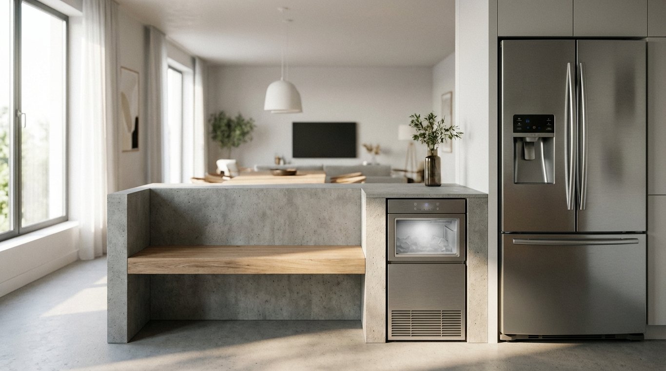 Countertop ice maker and fridge with through-door dispenser on a kitchen bench