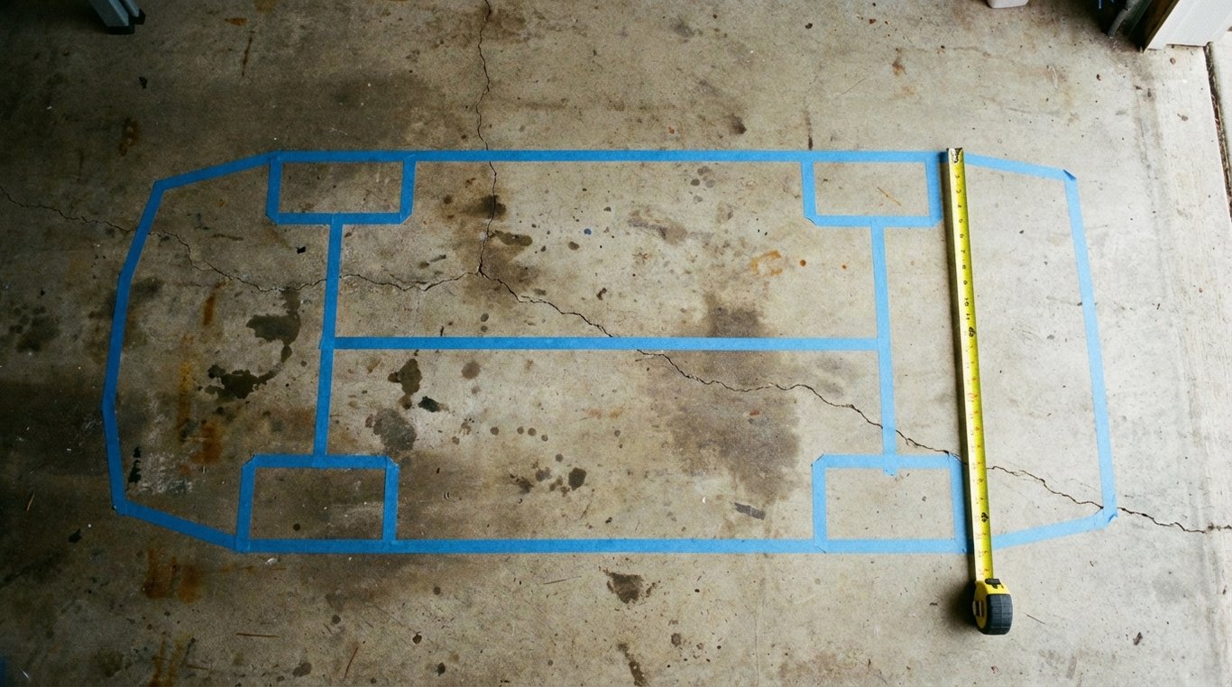 Garage floor marked with masking tape showing a vehicle footprint and measuring tape