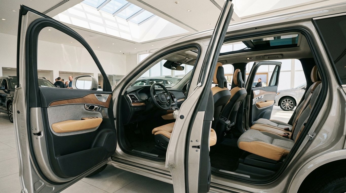 Dealership car interior showing front seats, centre console and door trims