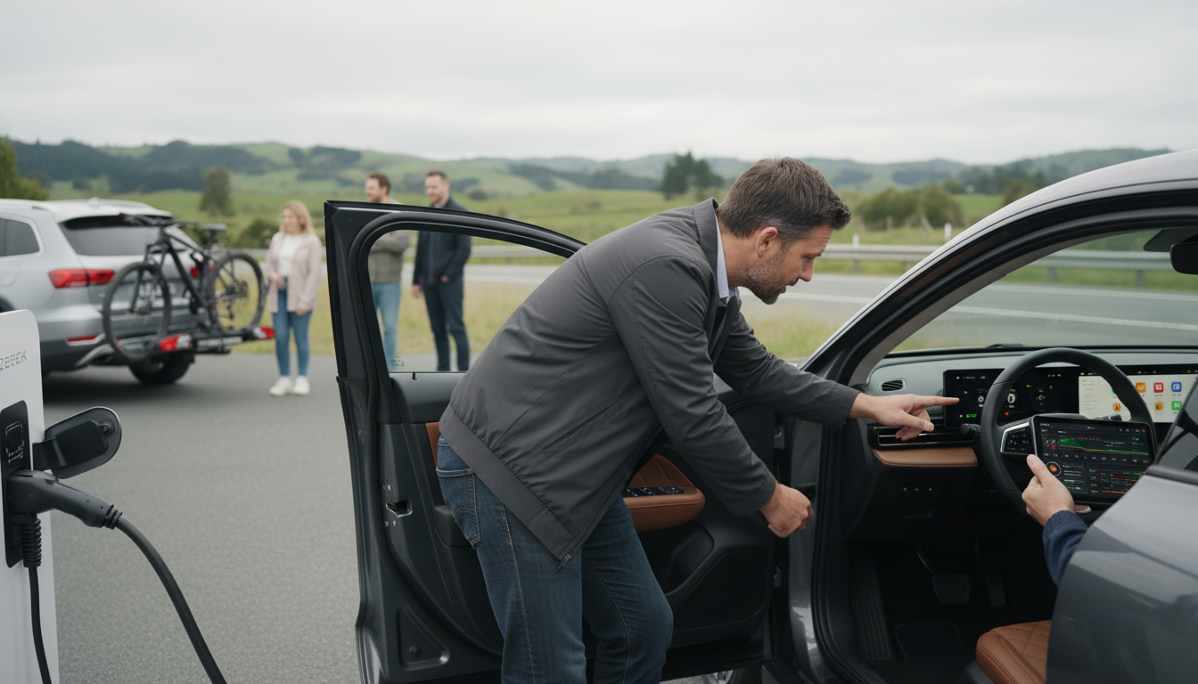 Right‑hand‑drive Zeekr EV at a NZ DC charger with owner checking the infotainment while a technician reviews a tablet, hills and highway in the background.