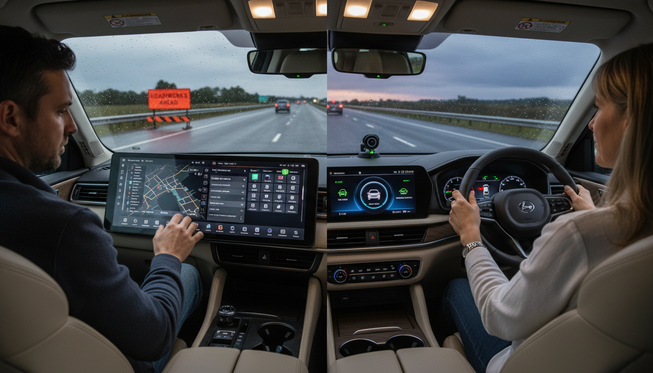 Split view of two car interiors on a wet motorway: left shows a driver distracted by a large touchscreen, right shows attentive driver with simple controls and driver-monitoring camera.