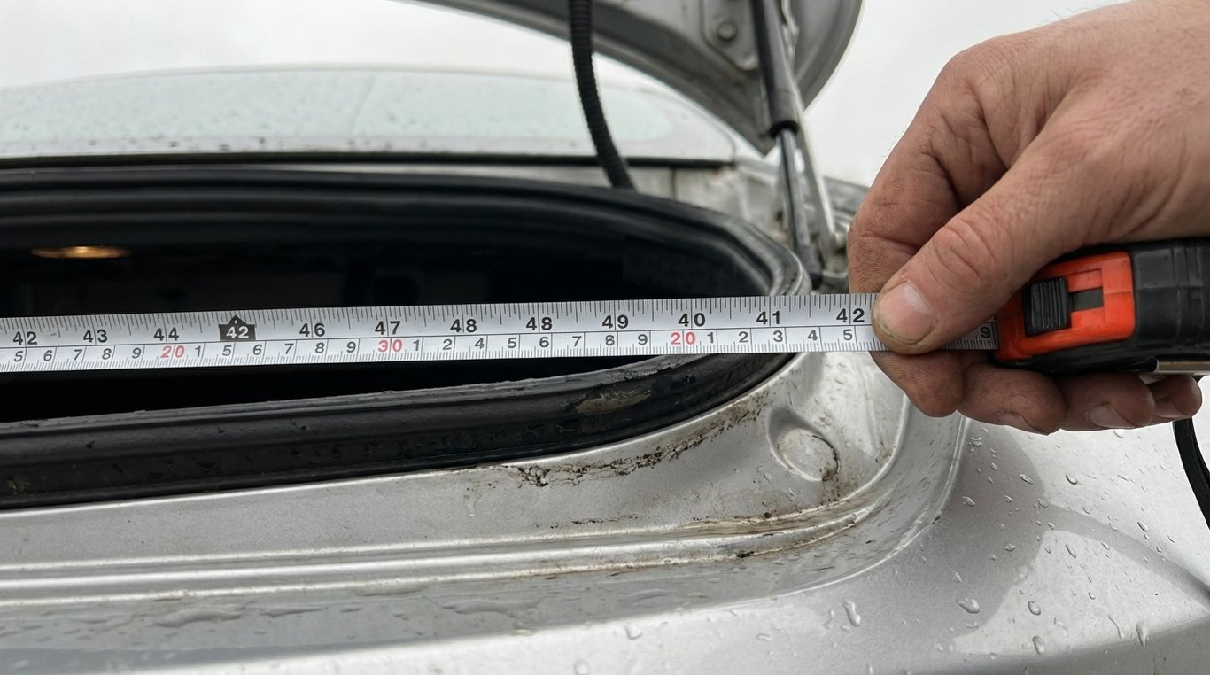 Hand measuring the width of a car boot opening with a tape measure