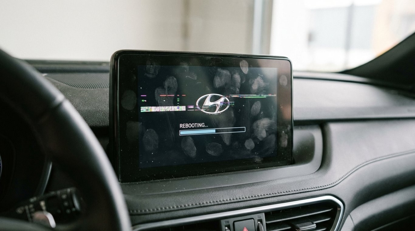 Car infotainment screen showing a frozen interface