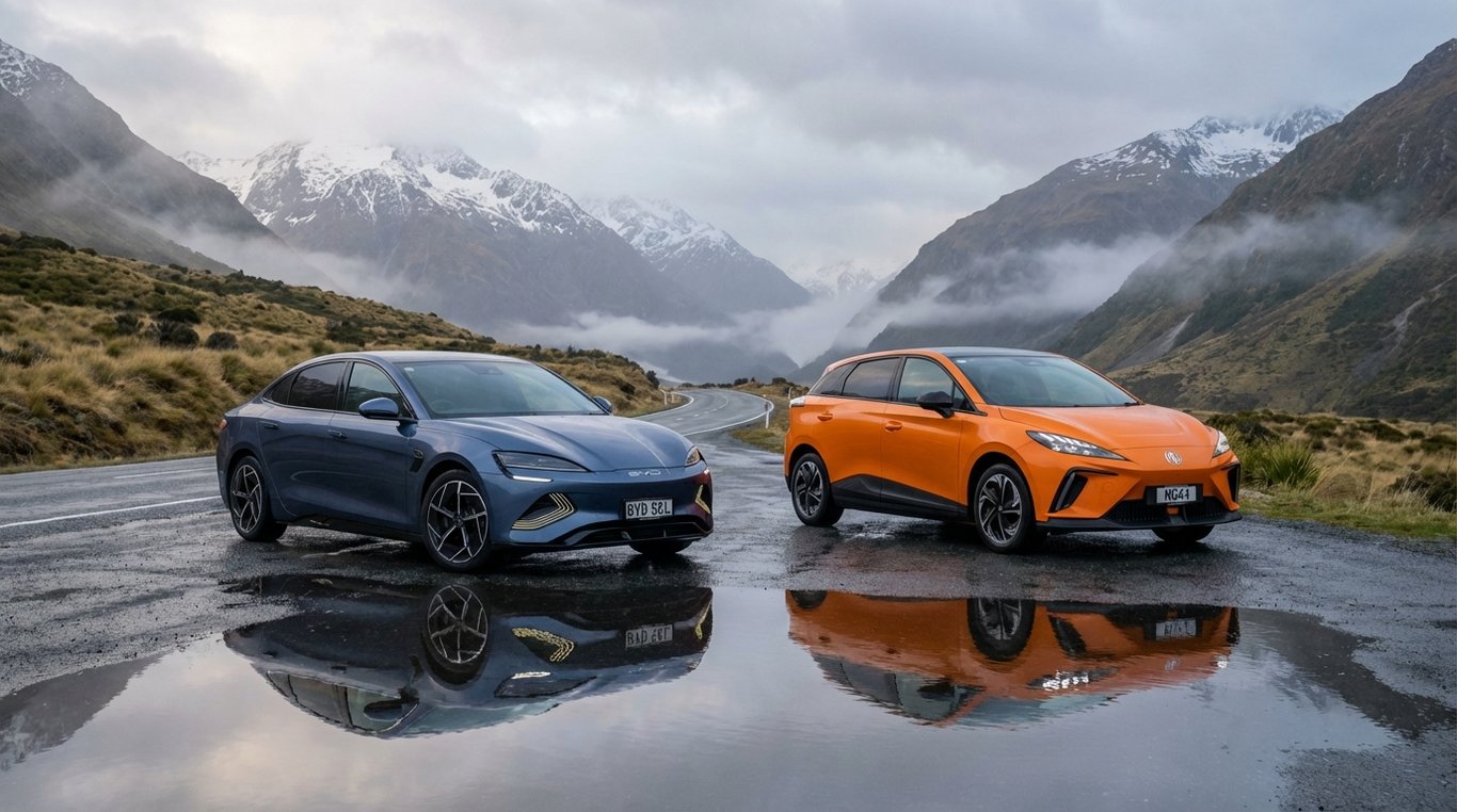 BYD Seal and MG4 parked on a wet alpine road at dawn