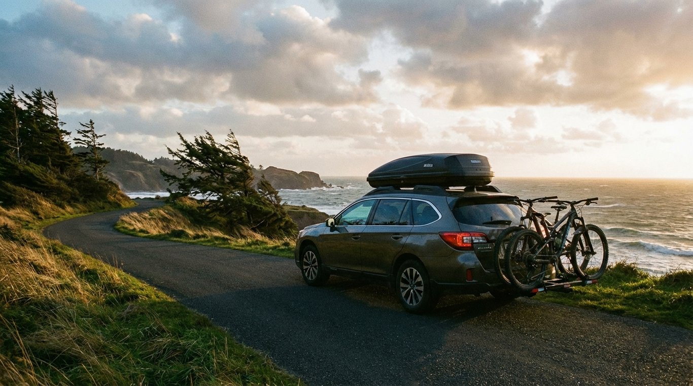 SUV loaded with a roof pod and bikes driving along a coastal road