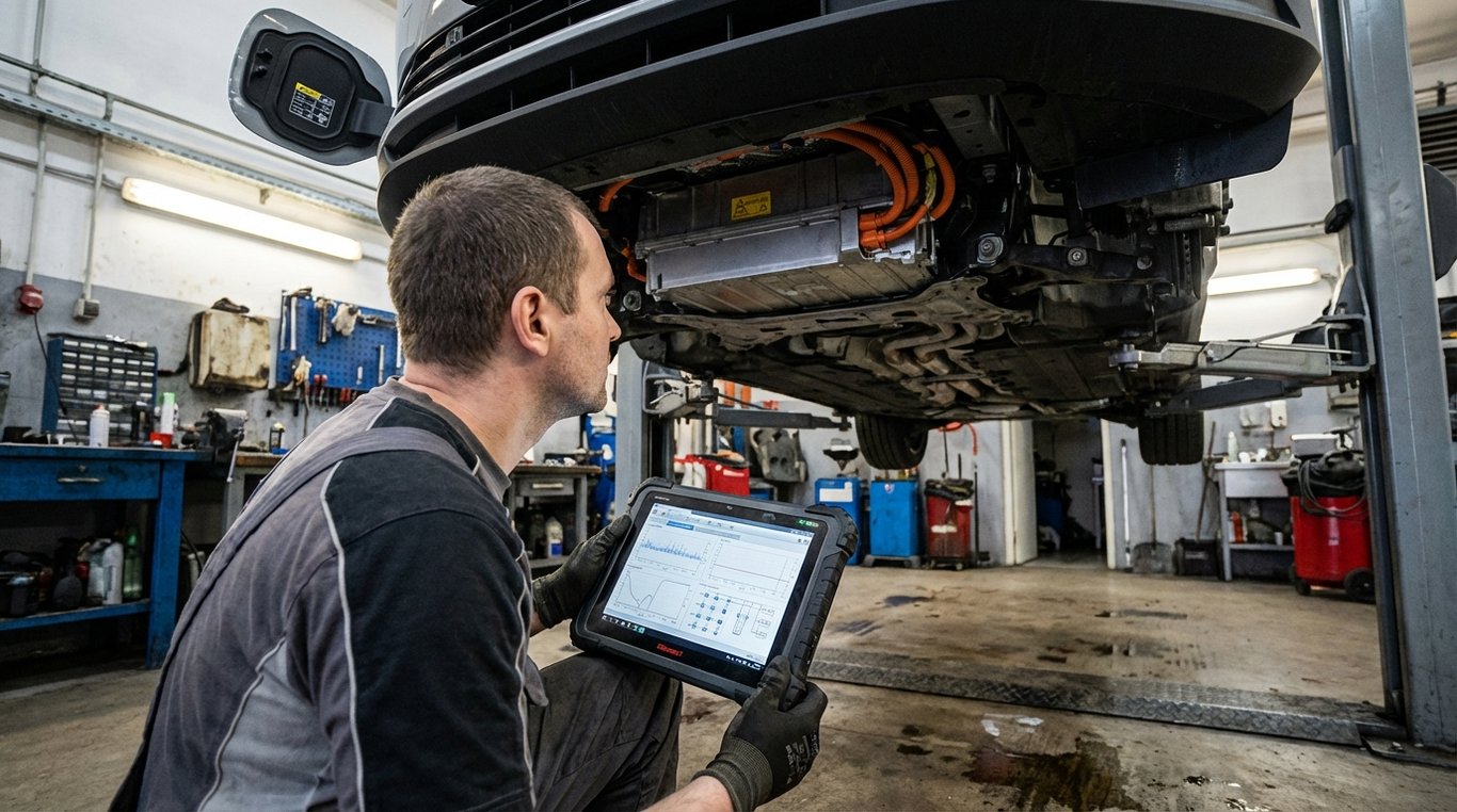 Electric vehicle on a hoist in a repair shop with a technician using a tablet