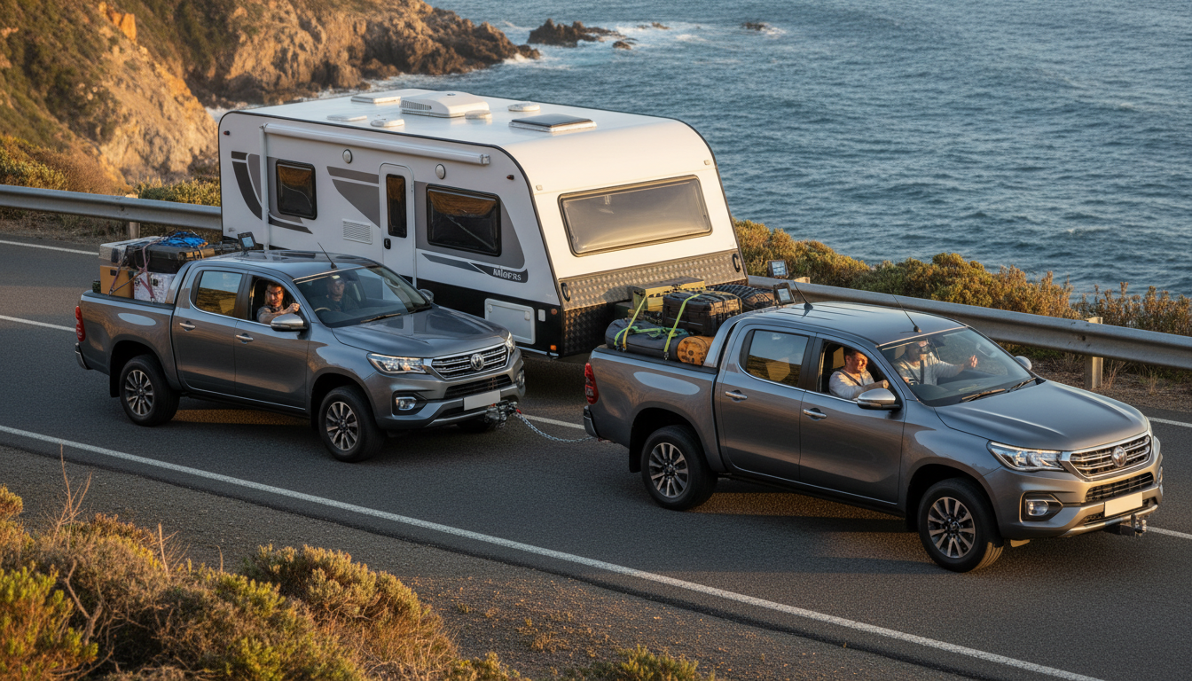 Split photo: left, ute towing caravan with rear sag and slight sway; right, same rig level and stable with a weight-distribution hitch, driving along a coastal road.