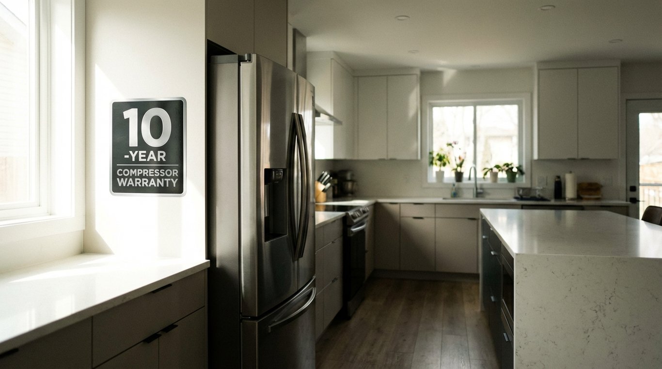 New refrigerator in a modern kitchen with a visible 10-year compressor badge
