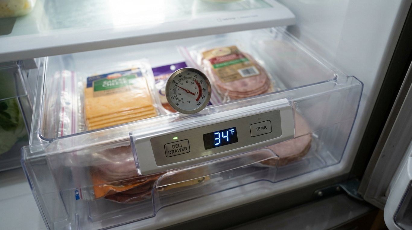 Close-up of a drawer temperature control panel and a small thermometer inside a deli drawer