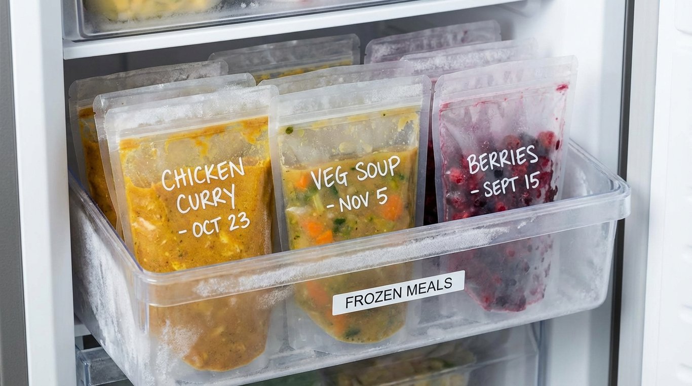 Labelled stackable frozen pouches stored upright in a bin inside a freezer