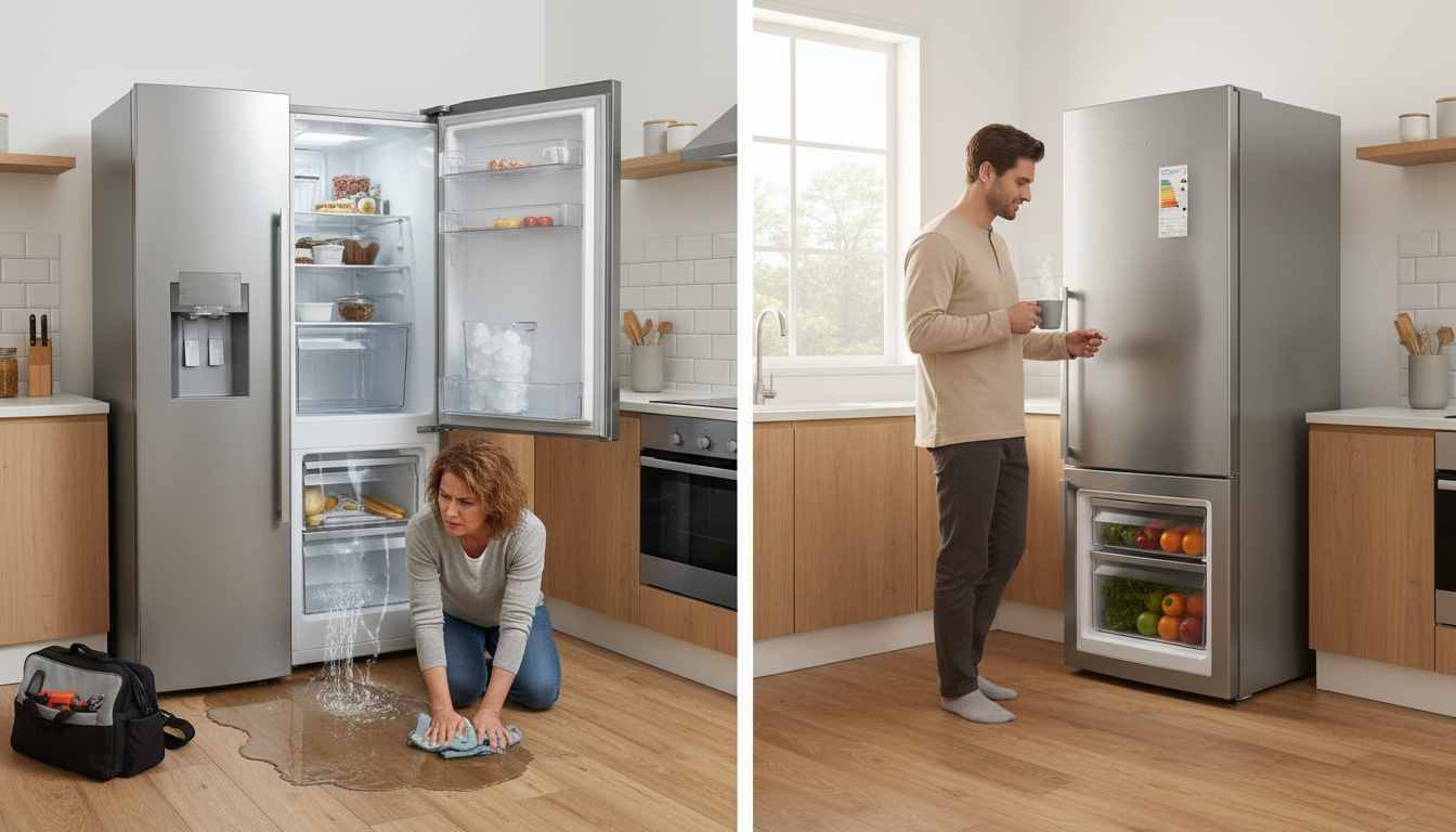 Split-scene kitchen: left a flashy French-door fridge with a leaking dispenser and frustrated homeowner and technician; right a calm kitchen with a simple bottom-mount fridge and relaxed owner.