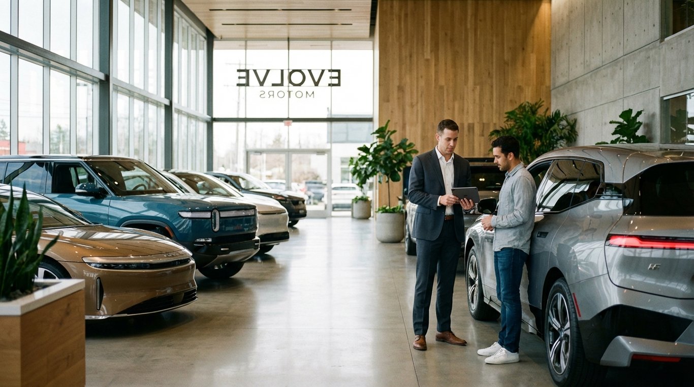 Showroom with several cars and a salesperson speaking to a customer near a vehicle
