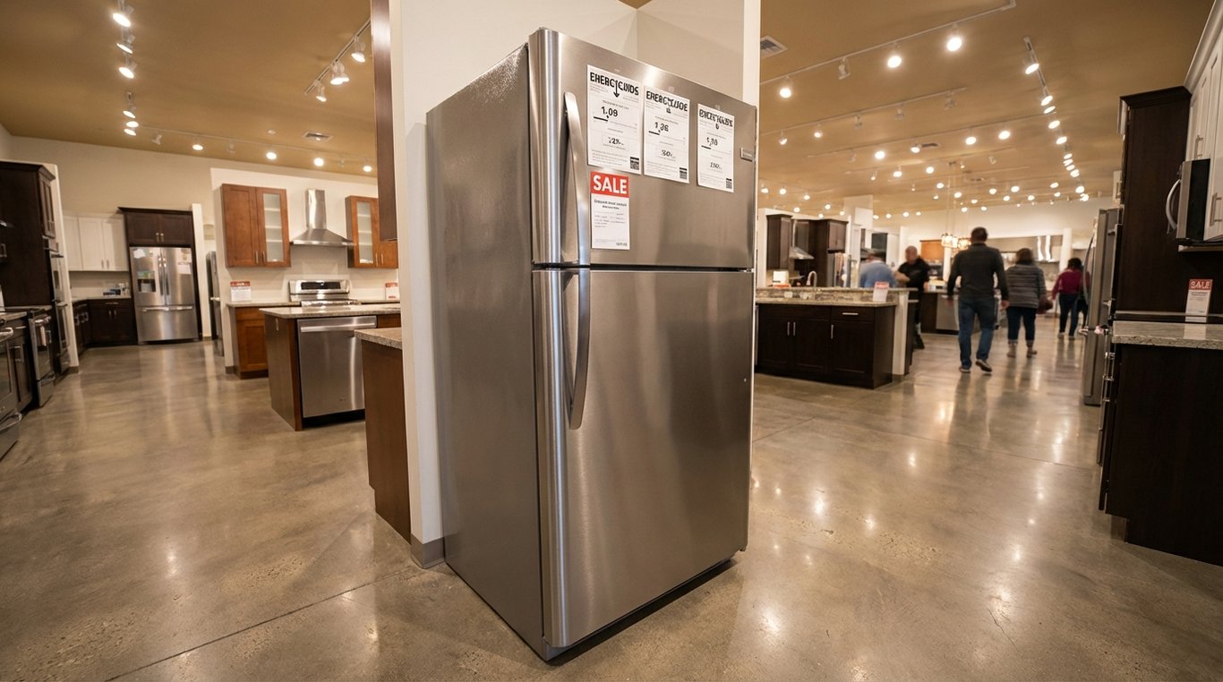 Washing machine on a showroom floor with warranty sticker visible