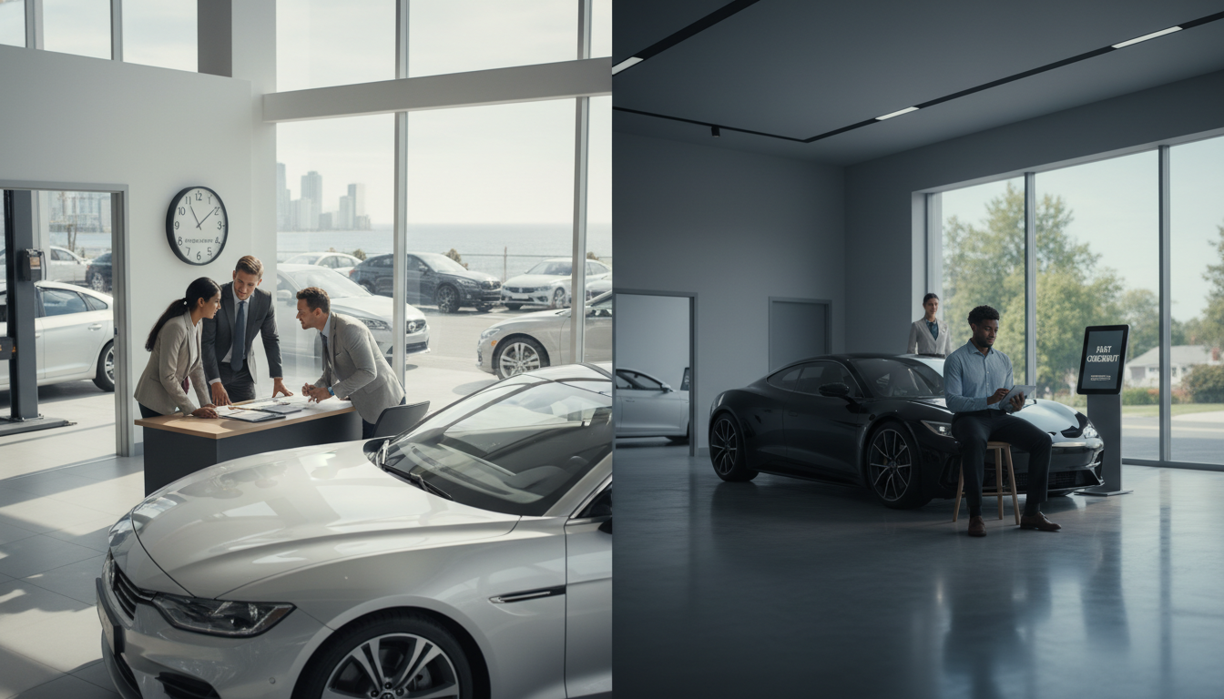 Split image: busy traditional dealership negotiation on left; calm modern fixed‑price showroom checkout on right, showing contrasting car buying experiences.