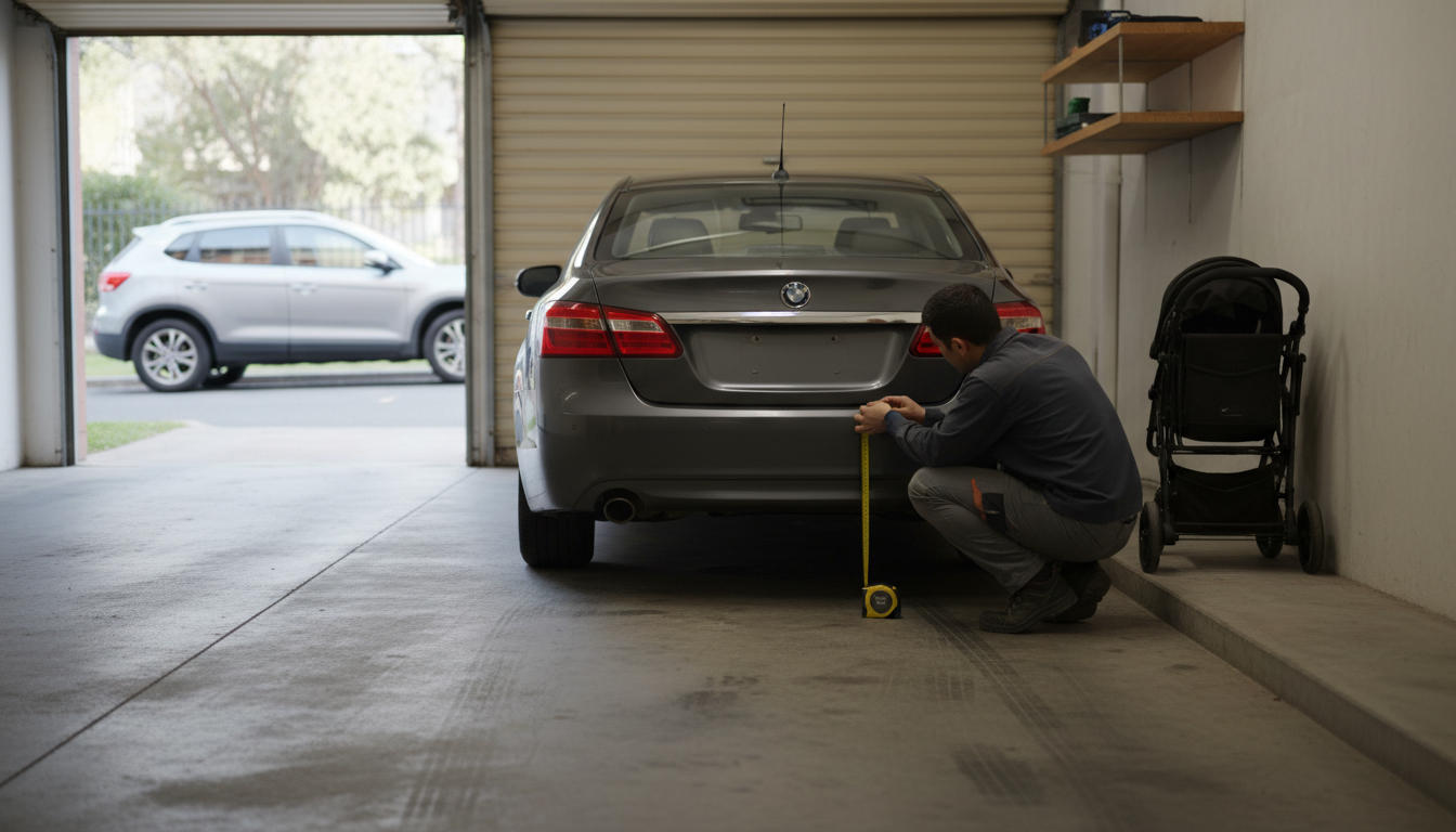 Person measuring clearance behind a midsize sedan in a tight residential garage with a pram beside it and a compact SUV visible outside.