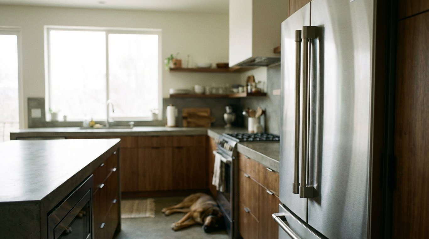 Row of refrigerators on display in a showroom with price labels