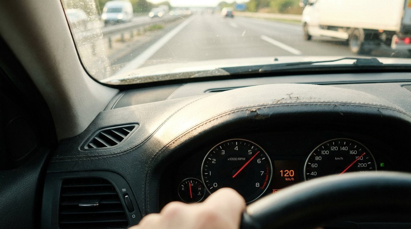 Car dashboard showing tachometer and speedometer during acceleration