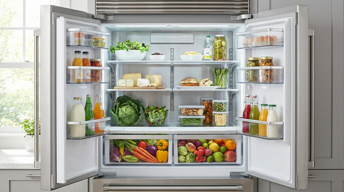 Open fridge interior showing sealed crisper drawers, shelving and produce