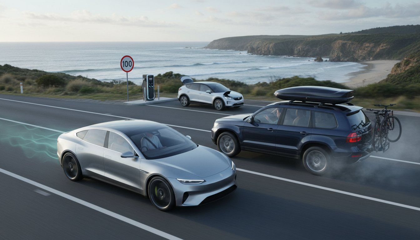 Coastal motorway with an aerodynamic electric sedan passing a roof‑boxed SUV near a charging station, illustrating efficiency differences.