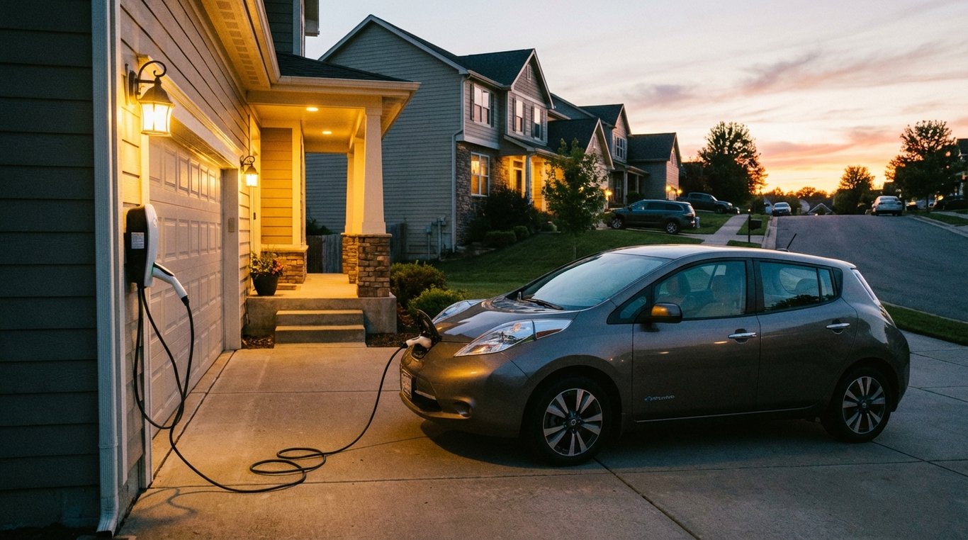 Compact electric car charging at a home driveway at dusk