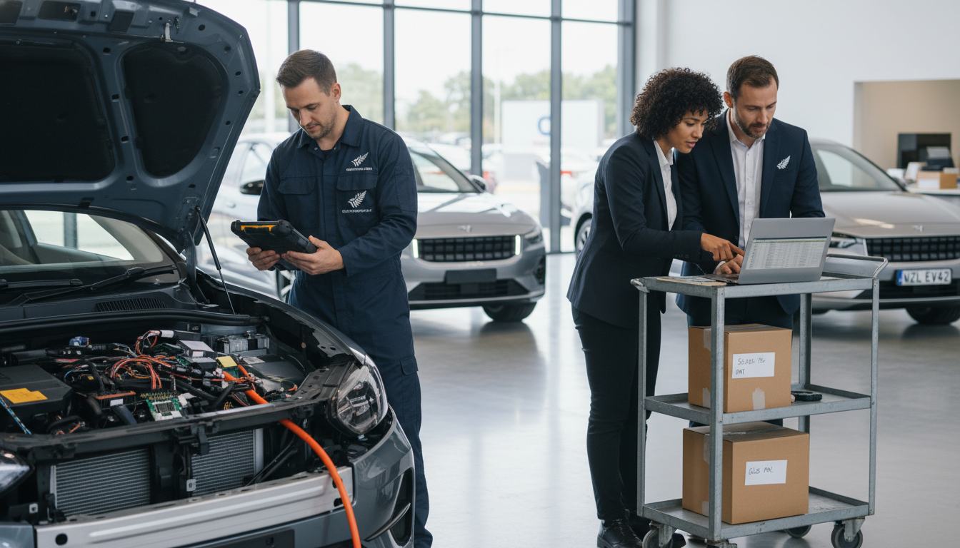 Technician inspects an EV in a NZ dealership workshop while a buyer and sales rep review insurance details on a laptop.