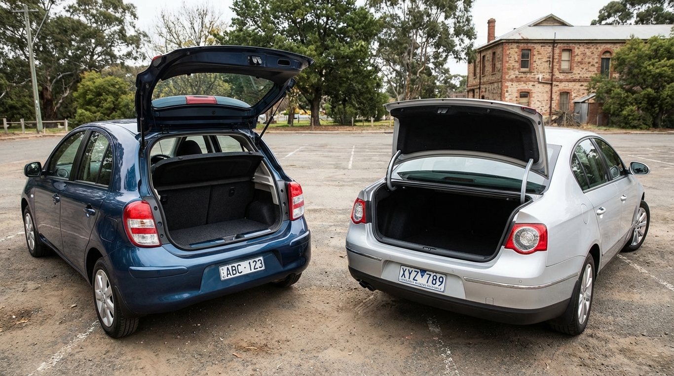 Two cars parked side-by-side with their boots open showing different opening sizes and sill heights