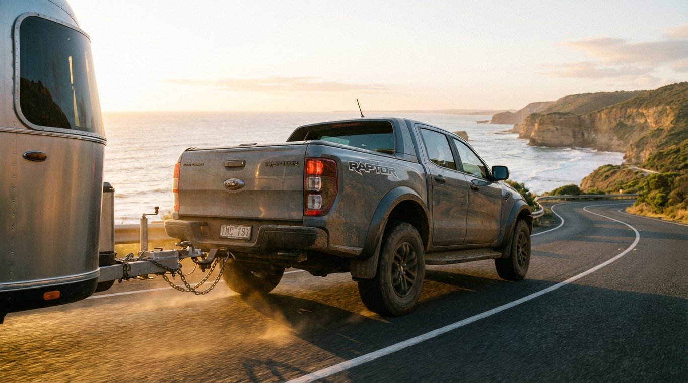 Ute towing a caravan on a coastal road showing the tow coupling and vehicle stance
