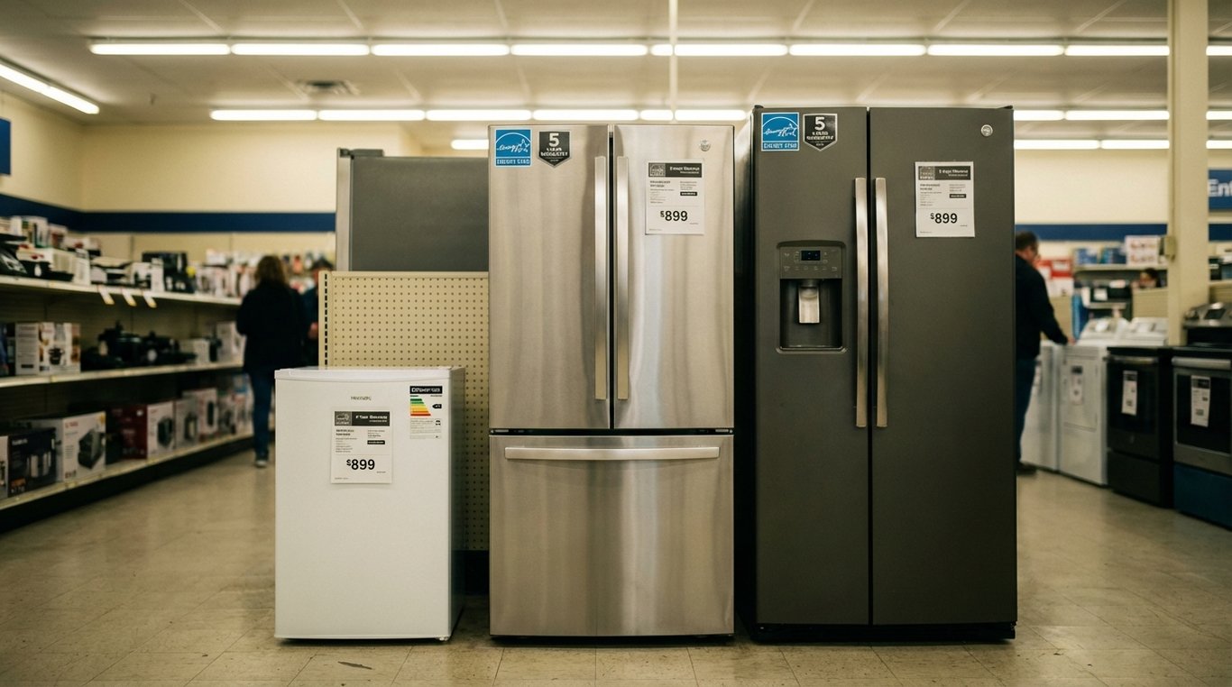 Appliance aisle showing multiple refrigerators with Energy Rating Labels on the doors