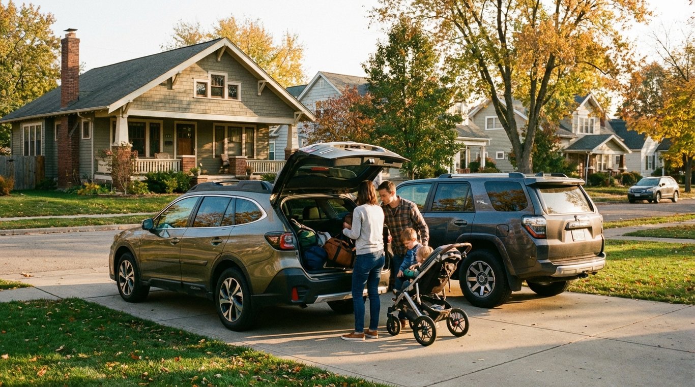 Two SUVs parked in a driveway, family loading belongings into one vehicle
