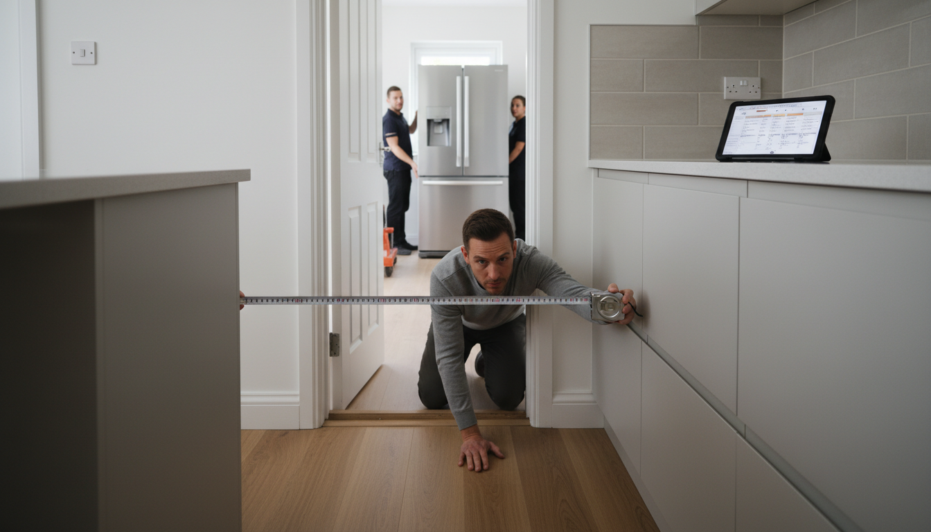 Homeowner measuring fridge cavity with tape measure while delivery dolly and fridge wait in a narrow hallway.