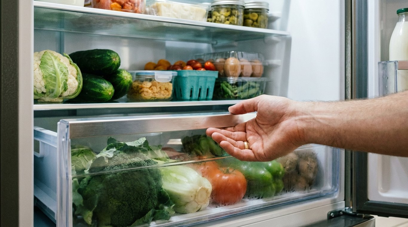 Interior view showing adjustable shelves, tall bottle and crisper drawers