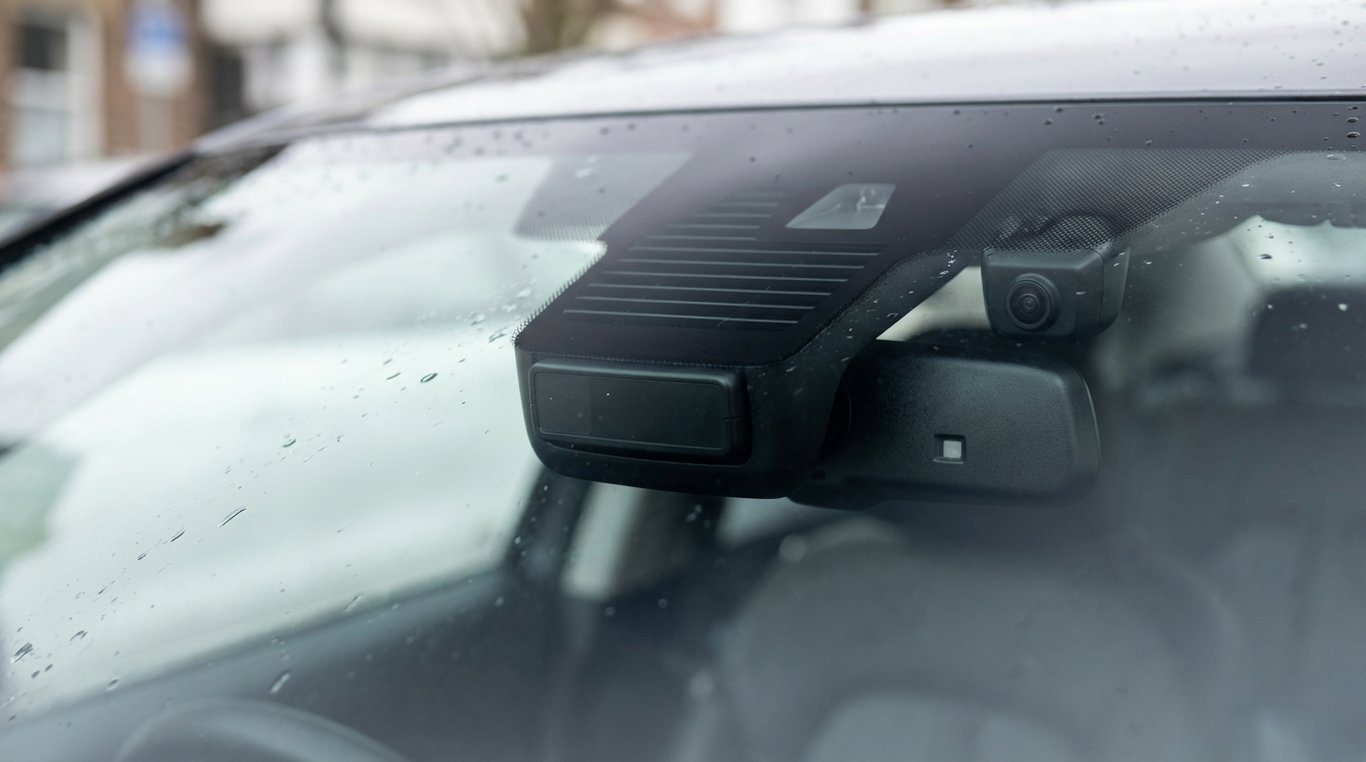 Close view of car front showing radar module and windscreen camera housing
