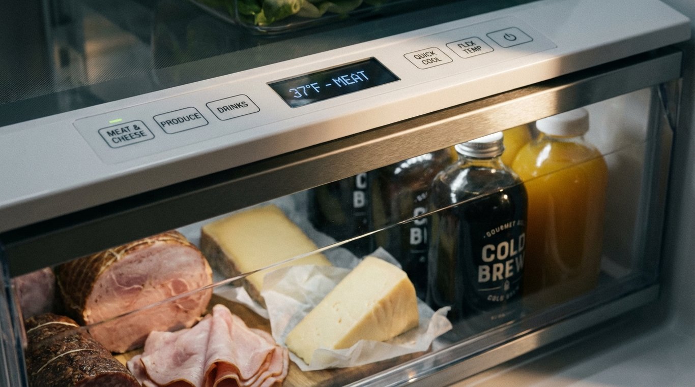 Close-up of a fridge drawer control panel with preset labels and a drawer interior holding bottles and deli packs