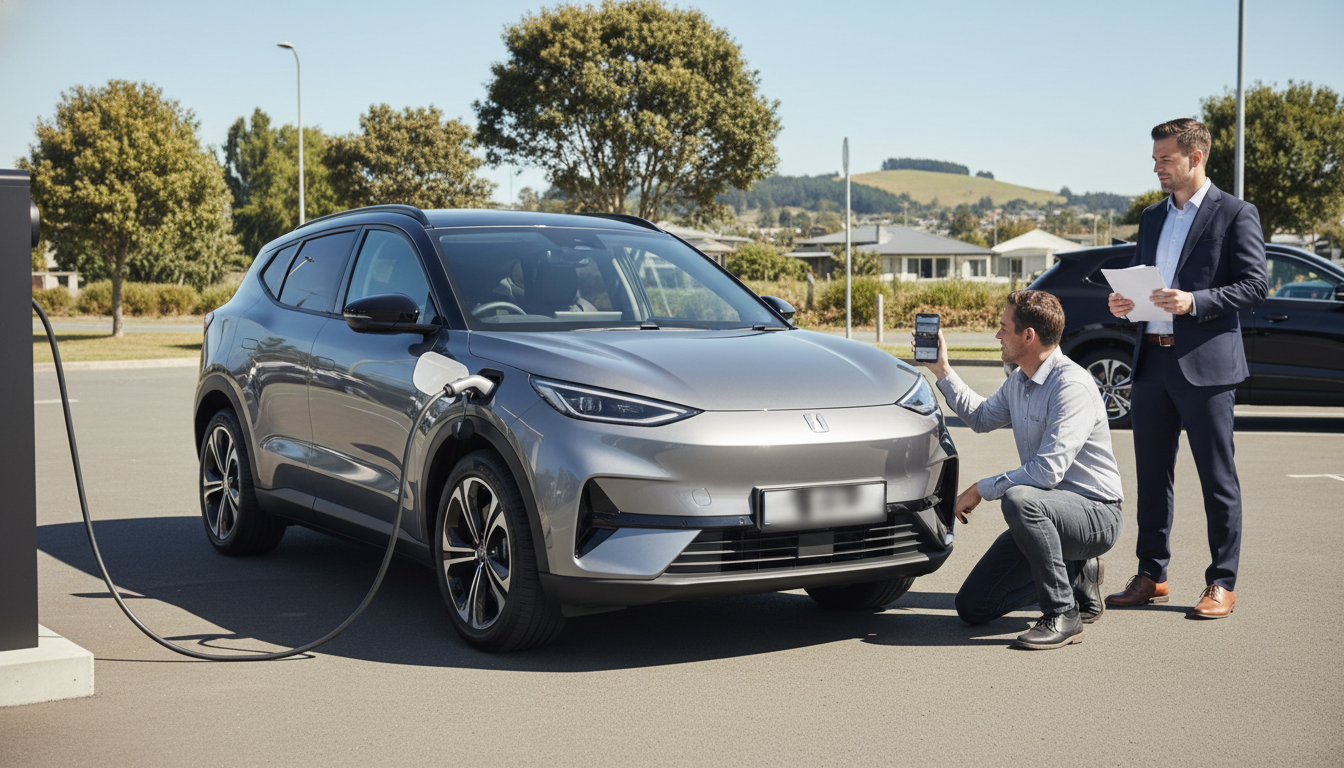 Buyer at a dealership inspecting a compact electric SUV plugged into a DC fast charger while a technician checks the wheel arch and the dealer holds service papers.