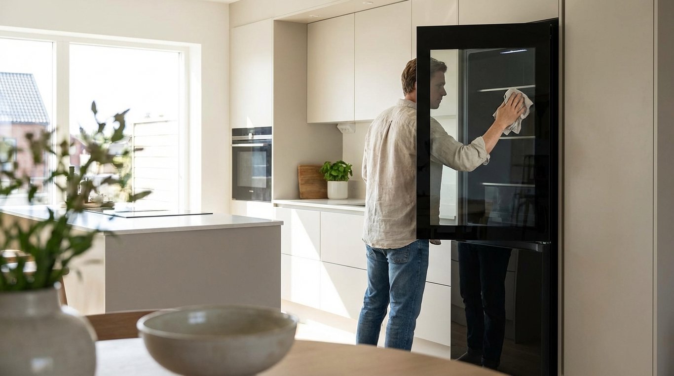 Fridge door visible in a modern kitchen with a polished benchtop and pendant lights