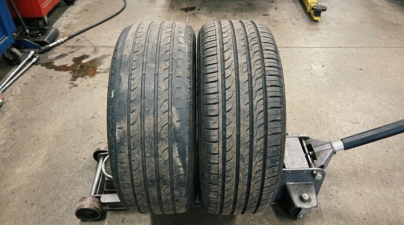 Two tyres side by side showing different wear patterns