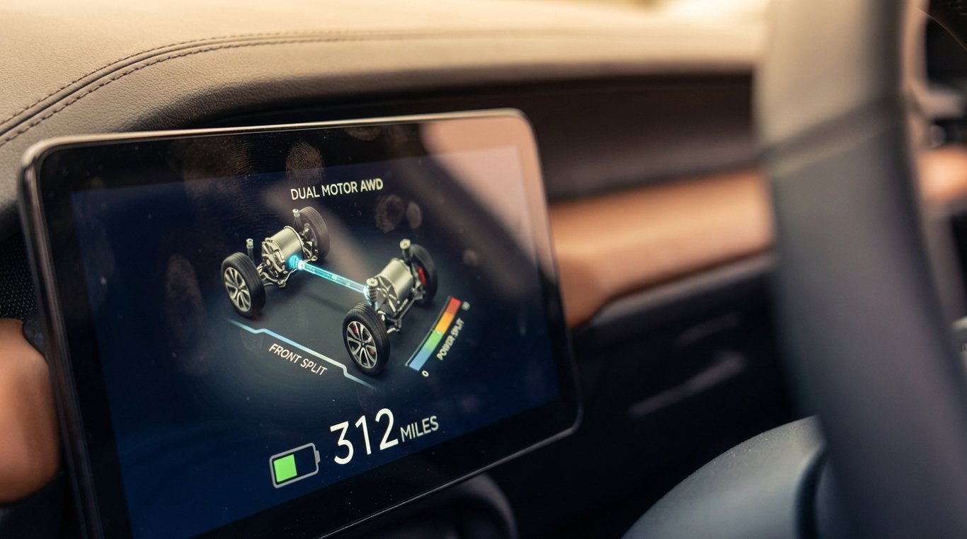 EV dashboard showing AWD power distribution and range estimate