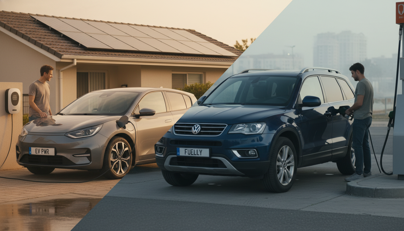Split-scene photo: electric car charging at a home with solar panels on one side and a petrol SUV fueling at a service station on the other, comparing clean choices.